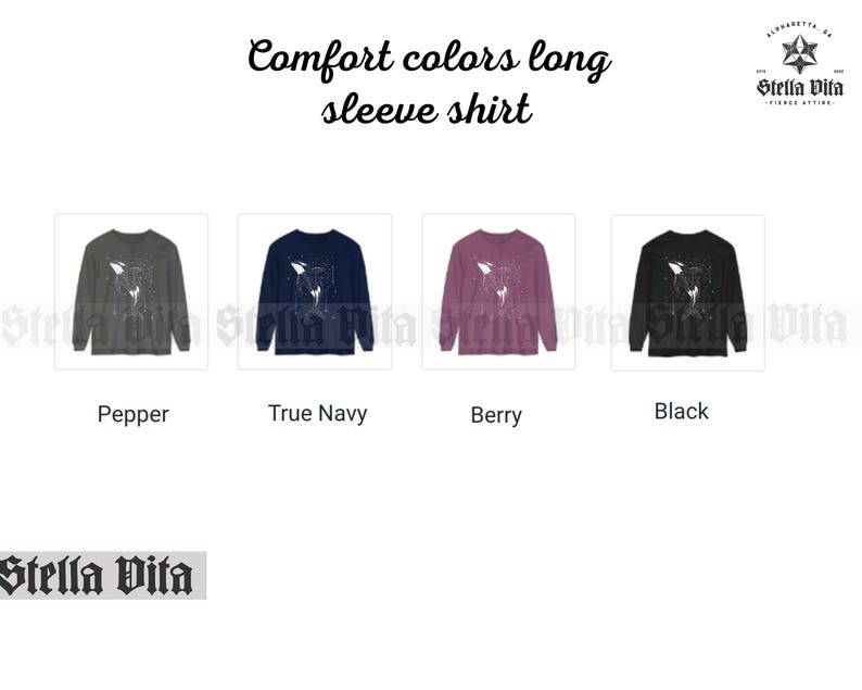 May include: Four long-sleeved shirts in different colors: pepper, true navy, berry, and black. Each shirt features a white graphic of a whale with stars on a dark background. The shirts are made of a soft, comfortable fabric.
