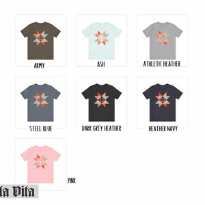 May include: A t-shirt with a colorful geometric star design. The shirt is available in 10 colors: army, ash, athletic heather, steel blue, dark grey heather, heather navy, pink, black, white, and red.