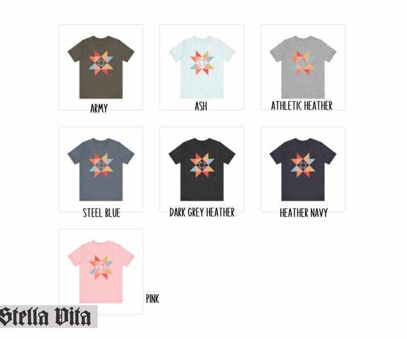 May include: A t-shirt with a colorful geometric star design. The shirt is available in 10 colors: army, ash, athletic heather, steel blue, dark grey heather, heather navy, pink, black, white, and red.