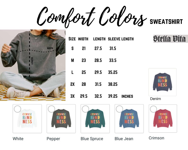 K&ouml;nnte beinhalten: Ein graues Sweatshirt mit dem Text "Choose Kindness" in bunten Buchstaben. Das Sweatshirt ist in verschiedenen Farben erh&auml;ltlich, darunter Wei&szlig;, Pfeffer, Blautanne, Jeansblau und Scharlachrot. Die Gr&ouml;&szlig;entabelle zeigt die Breite, L&auml;nge und &Auml;rmell&auml;nge in Zoll.