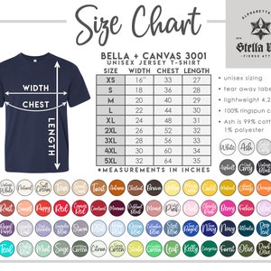 May include: Size chart for a unisex jersey t-shirt, showing measurements in inches for width, chest, and length. Sizes range from XS to 5XL. The chart also includes information about the fabric composition and features, such as tear-away label and ringspun cotton.