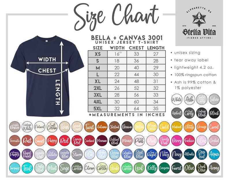 May include: Size chart for a unisex jersey t-shirt, showing measurements in inches for width, chest, and length. Sizes range from XS to 5XL. The chart also includes information about the fabric composition and features, such as tear-away label and ringspun cotton.