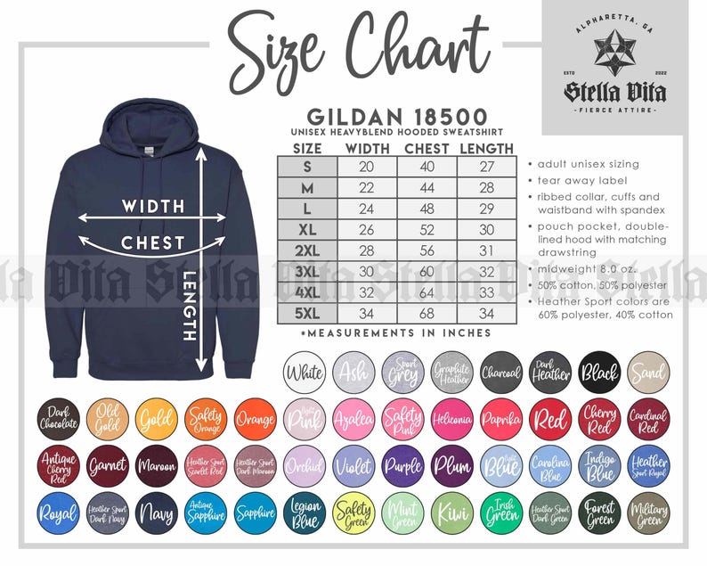May include: Size chart for a Gildan 18500 unisex hooded sweatshirt. The chart shows the width, chest, and length measurements in inches for sizes S through 5XL. The sweatshirt is navy blue with a hood and a pouch pocket.