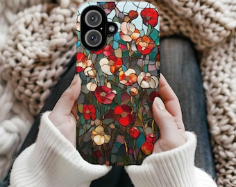 Custodia per iPhone con fiore di papavero, custodia Magsafe, custodia magnetica resistente con vetrata floreale a tema campo di papaveri, cover floreale per telefono, regalo botanico