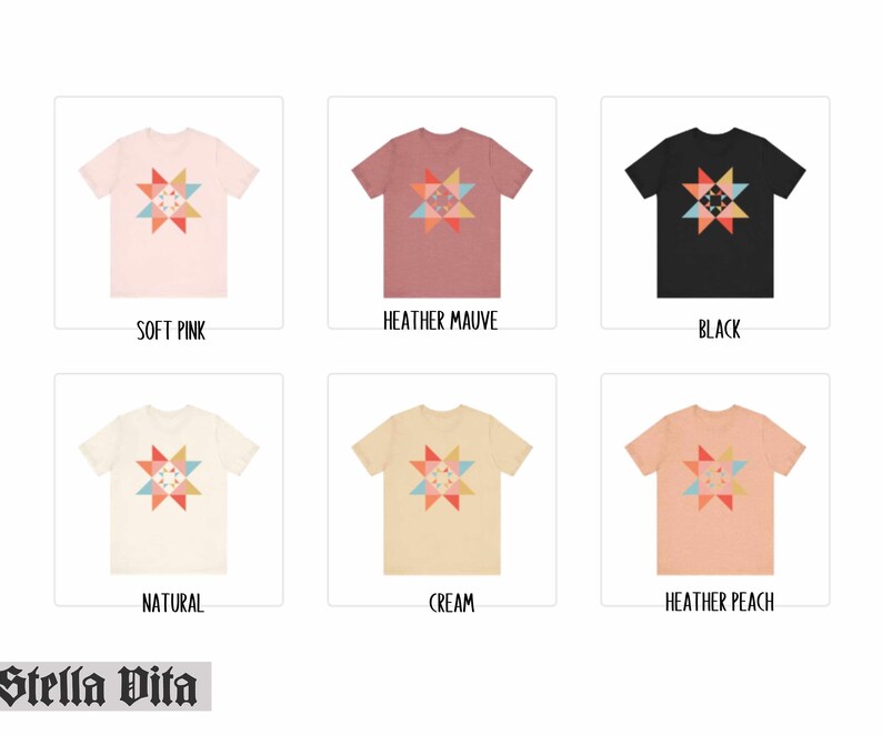 May include: Six different color t-shirts with a colorful geometric star design. The colors are soft pink, heather mauve, black, natural, cream, and heather peach.