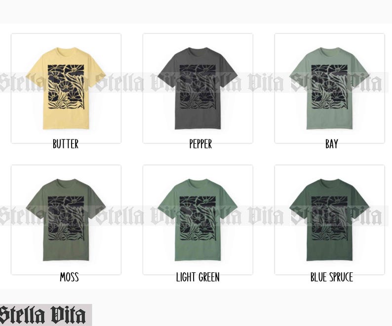 Puede incluir: Seis camisetas de diferentes colores con un dise&ntilde;o floral negro. Los colores son mantequilla, pimienta, bah&iacute;a, musgo, verde claro y azul abeto.