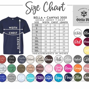 Puede incluir: Tabla de tallas para la camiseta de jersey unisex Bella + Canvas 3001. La tabla muestra las medidas en pulgadas para el ancho, el pecho y la longitud para las tallas XS a 5XL. Una tabla de colores muestra 24 opciones de colores diferentes para la camiseta.