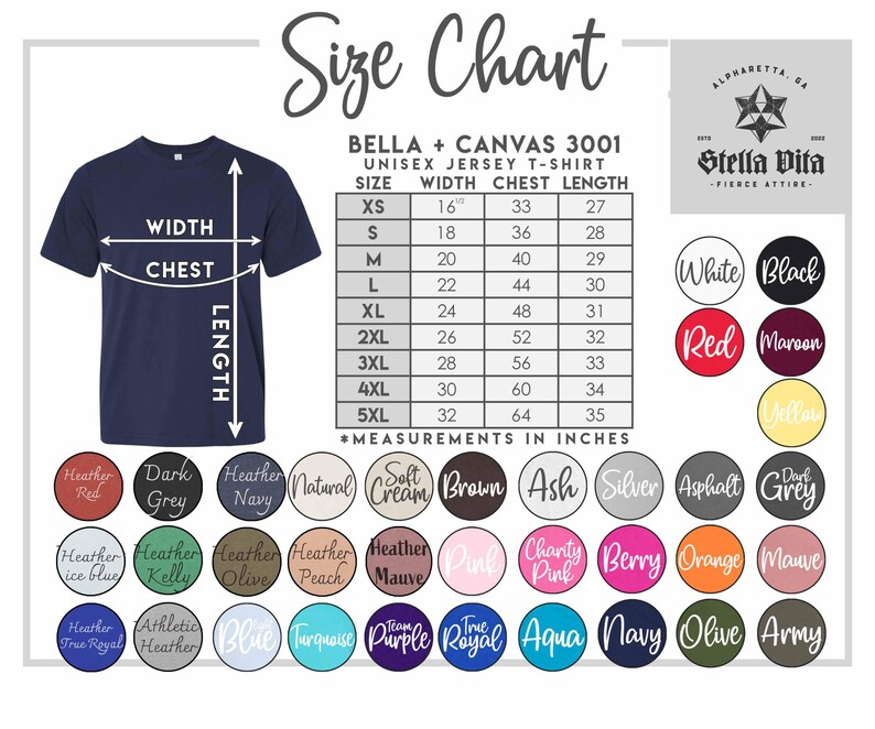 Puede incluir: Tabla de tallas para la camiseta de jersey unisex Bella + Canvas 3001. La tabla muestra las medidas en pulgadas para el ancho, el pecho y la longitud para las tallas XS a 5XL. Una tabla de colores muestra 24 opciones de colores diferentes para la camiseta.