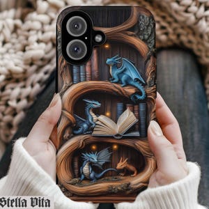 Dragon Phone Case, Bookish iphone 16 pro case, Fantasy Dragon Bookshelf Tea, iPhone Pro Max Plus, Magsafe Tough Cases 01