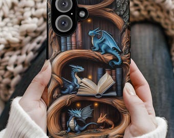 Dragon Phone Case, Bookish iphone 16 pro case, Fantasy Dragon Bookshelf Tea, iPhone Pro Max Plus, Magsafe Tough Cases 01