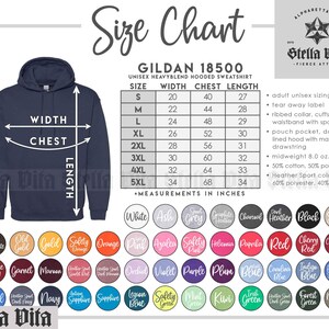 May include: Size chart for a Gildan 18500 unisex hooded sweatshirt. The chart shows the width, chest, and length measurements in inches for sizes S through 5XL. The sweatshirt is available in a variety of colors.