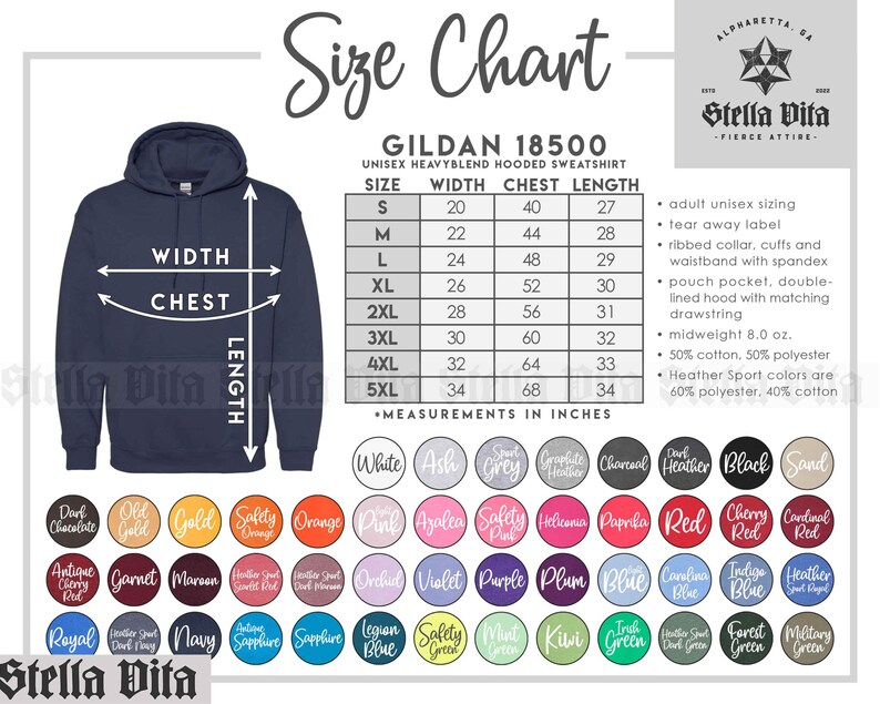 May include: Size chart for a Gildan 18500 unisex hooded sweatshirt. The chart shows the width, chest, and length measurements in inches for sizes S through 5XL. The sweatshirt is available in a variety of colors.
