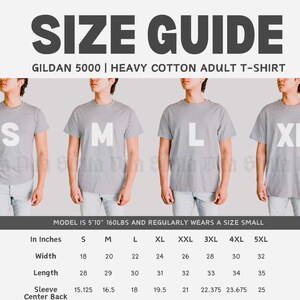 May include: Size chart for Gildan 5000 heavy cotton adult t-shirts. The chart shows measurements in inches for width, length, sleeve, and centre back for sizes S through 5XL.