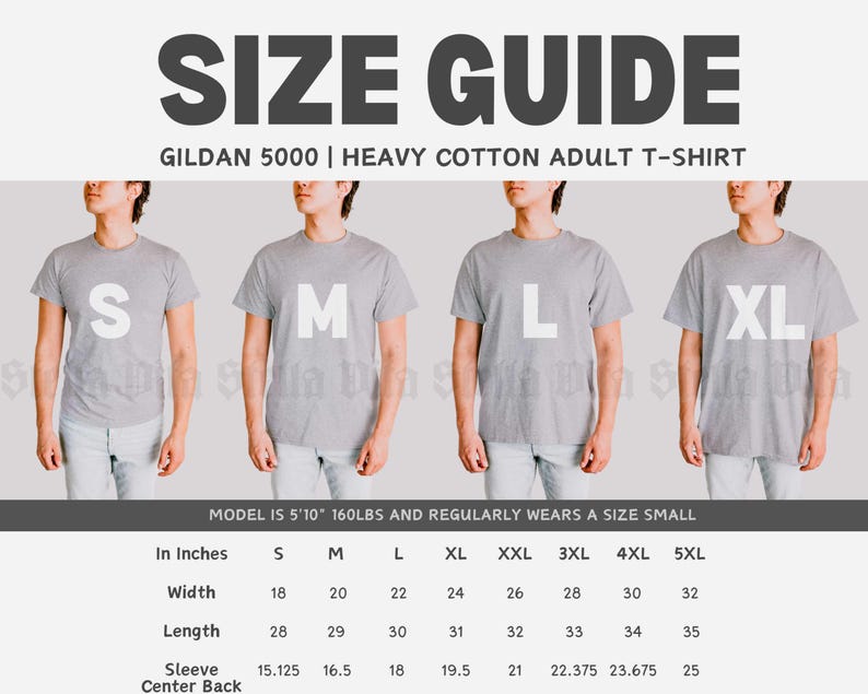 May include: Size chart for Gildan 5000 heavy cotton adult t-shirts. The chart shows measurements in inches for width, length, sleeve, and centre back for sizes S through 5XL.