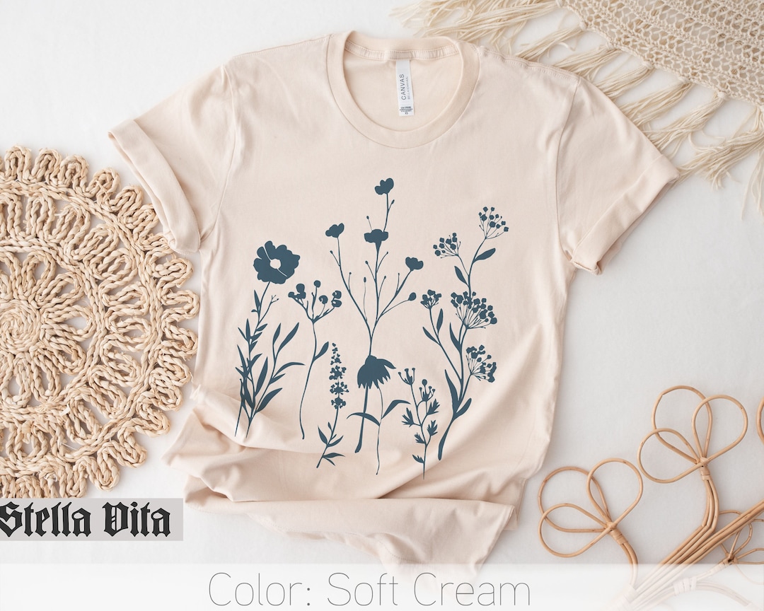 Minimalist Floral Shirt, Wildflower Shirt, Blue Neg Space Flower Tshirt ...