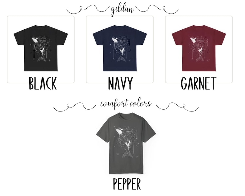 May include: Four t-shirts in different colours: black, navy, garnet, and pepper. Each shirt features a white graphic of a whale with stars.
