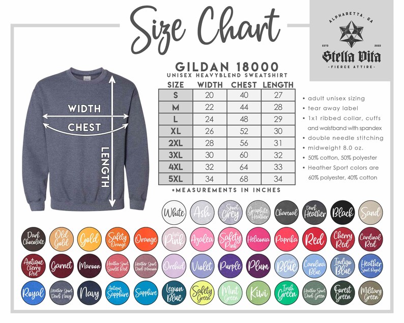 K&ouml;nnte beinhalten: Gr&ouml;&szlig;entabelle f&uuml;r ein Gildan 18000 Unisex-Heavyweight-Blend-Sweatshirt. Die Tabelle zeigt die Breite, Brustumfang und L&auml;nge in Zoll f&uuml;r die Gr&ouml;&szlig;en S bis 5XL. Die Tabelle enth&auml;lt auch Informationen &uuml;ber die Stoffzusammensetzung und Pflegehinweise.