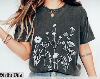 Wildflower Shirt, Flower Tee, Black Botanical Neutral T