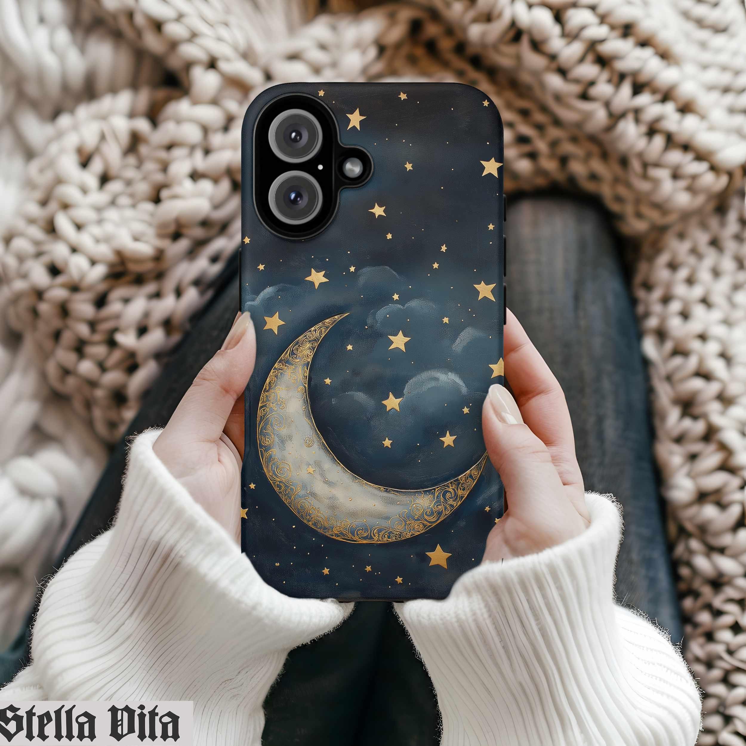 月と星のiPhoneケース、Magsafe対応スマホケース、Galaxyスマホカバー