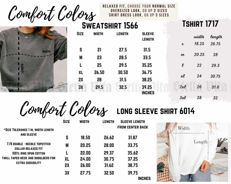 May include: A size chart for Comfort Colors sweatshirts, t-shirts, and long-sleeve shirts. The chart shows the width and length measurements in inches for sizes S, M, L, XL, 2X, and 3X.