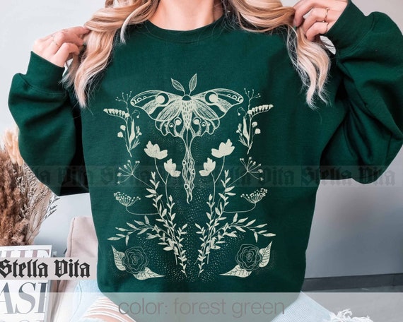 Luna Moth Sweatshirt, Moth Shirt, Lino Cut Style Flower and Moth Shirt, Floral Shirt, Outdoorsy Sweatshirt Gift For Gardener, Cottage Core