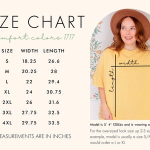 May include: Size chart for a yellow t-shirt with the text "comfort colors 1717" printed on it. The chart shows sizes S through 4XL with corresponding width and length measurements in inches.