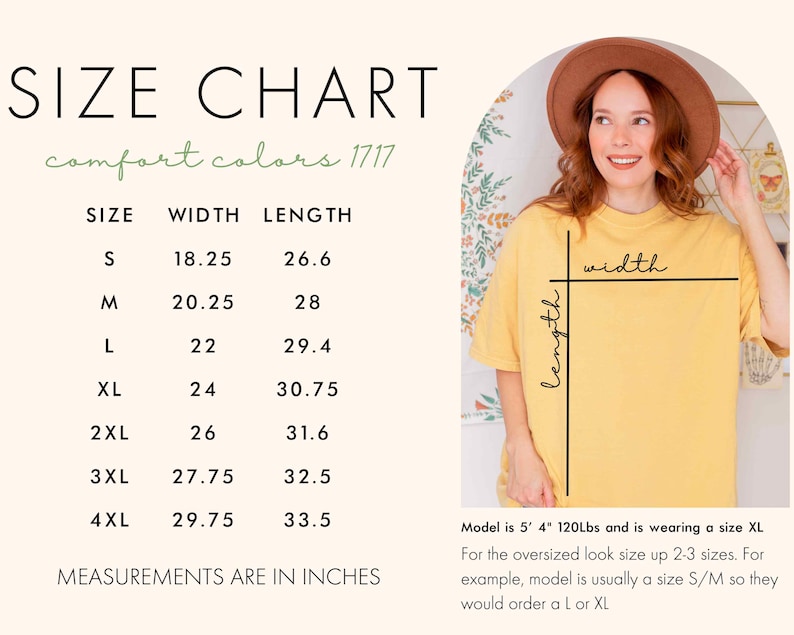 May include: Size chart for a yellow t-shirt with the text "comfort colors 1717" printed on it. The chart shows sizes S through 4XL with corresponding width and length measurements in inches.