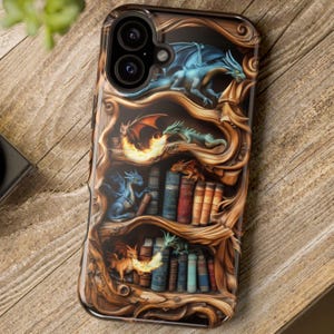 Dragon Phone Case, Bookish iphone 16 pro cas, Dragon Bookshelf 3D Wood Carved Illusion, iPhone Pro Max Plus, Magsafe Tough Cases 95