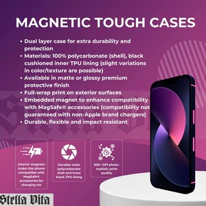 May include: A black phone case with a pink and purple design. The case is made of polycarbonate and TPU and has a built-in magnet for compatibility with MagSafe accessories. The case is durable, flexible, and impact resistant. "MAGNETIC TOUGH CASES" is written at the top of the image.