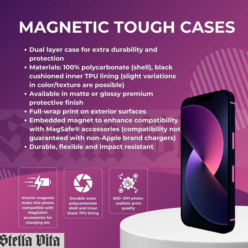 May include: A black phone case with a pink and purple design. The case is made of polycarbonate and TPU and has a built-in magnet for compatibility with MagSafe accessories. The case is durable, flexible, and impact resistant. "MAGNETIC TOUGH CASES" is written at the top of the image.