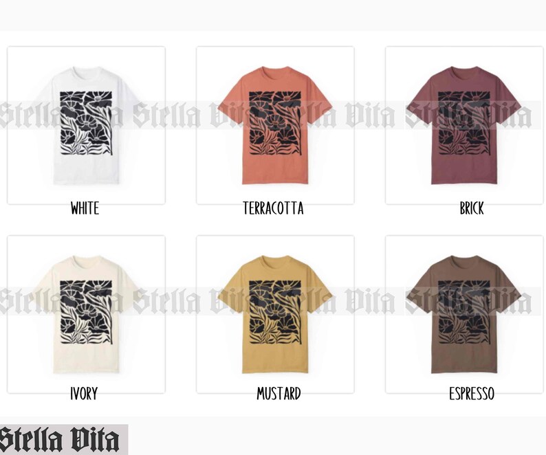 Puede incluir: Seis camisetas con un dise&ntilde;o floral en negro sobre diferentes fondos de color. Los colores son blanco, terracota, ladrillo, marfil, mostaza y espresso.