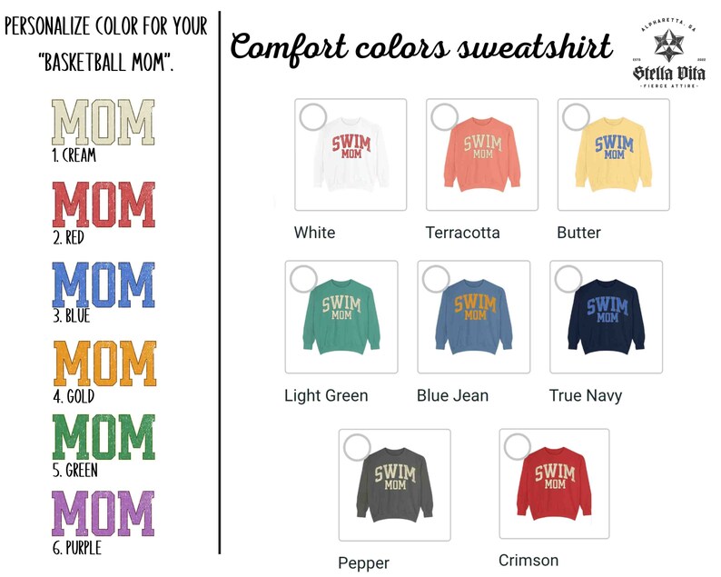 Puede incluir: Un gr&aacute;fico que muestra diferentes opciones de color para una sudadera con el texto "MOM" en una fuente de estilo vintage. Los colores incluyen crema, rojo, azul, dorado, verde, morado, blanco, terracota, mantequilla, verde claro, azul vaquero, azul marino, pimienta y carmes&iacute;.