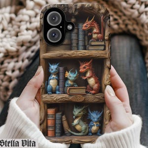 Dragon Phone Case, Bookish iphone 16 pro case, Dragon Bookshelf Flowers , iPhone Pro Max Plus, Magsafe Tough Cases 72