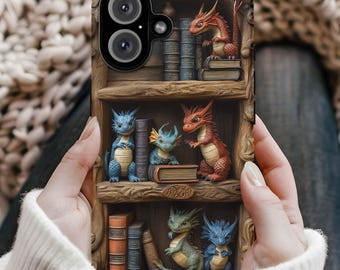 Dragon Phone Case, Bookish iphone 16 pro case, Dragon Bookshelf Flowers , iPhone Pro Max Plus, Magsafe Tough Cases 72