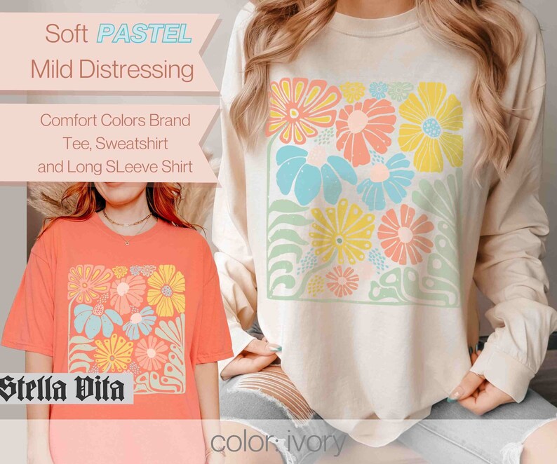 Peut inclure: Un t-shirt &agrave; manches longues cr&egrave;me avec un motif floral pastel. Le motif pr&eacute;sente une vari&eacute;t&eacute; de fleurs dans des tons de rose, jaune, bleu et vert. Le t-shirt est doux et confortable, avec un aspect l&eacute;g&egrave;rement vieilli. Le texte "Stella Vita" est imprim&eacute; sur le t-shirt.