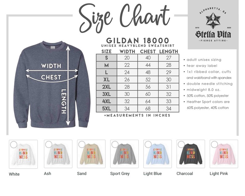 K&ouml;nnte beinhalten: Gr&ouml;&szlig;entabelle f&uuml;r ein Unisex Gildan 18000 Heavyweight Sweatshirt. Die Tabelle zeigt die Ma&szlig;e in Zoll f&uuml;r Breite, Brust und L&auml;nge in den Gr&ouml;&szlig;en S bis 5XL. Das Sweatshirt ist in acht Farben erh&auml;ltlich: Wei&szlig;, Asche, Sand, Sportgrau, Hellblau, Anthrazit, Hellrosa und Heather Sport.