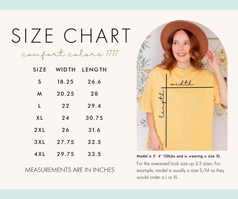 Puede incluir: Tabla de tallas para camisetas con medidas en pulgadas. La tabla muestra el ancho y la longitud de cada talla de la S a la 4XL. La modelo lleva una camiseta talla XL.