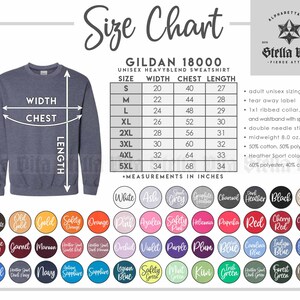 May include: Size chart for Gildan 18000 unisex heavyweight blend sweatshirt. The chart shows sizes from S to 5XL with corresponding width, chest, and length measurements in inches. The chart also includes information about the fabric composition and features of the sweatshirt.