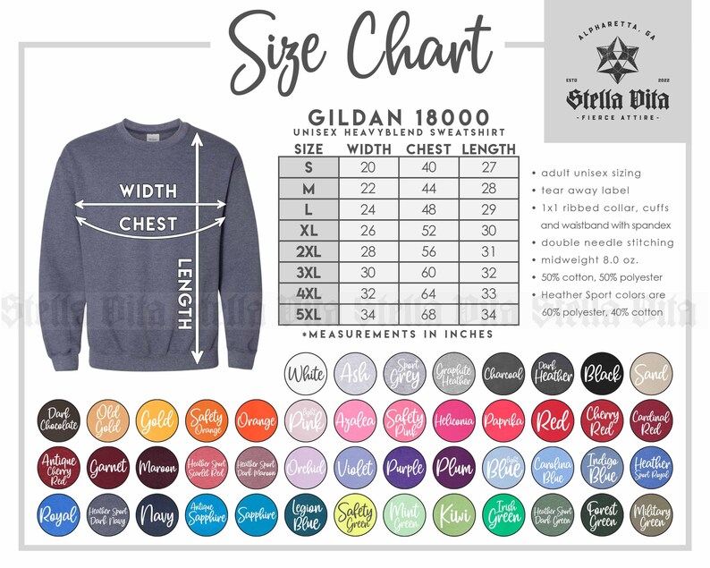 May include: Size chart for Gildan 18000 unisex heavyweight blend sweatshirt. The chart shows sizes from S to 5XL with corresponding width, chest, and length measurements in inches. The chart also includes information about the fabric composition and features of the sweatshirt.