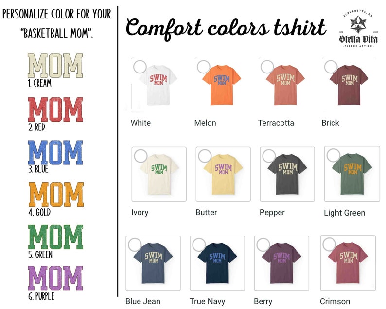 Puede incluir: Un gr&aacute;fico que muestra diferentes opciones de color para una camiseta con el texto "MOM" en una fuente de estilo universitario. Los colores incluyen crema, rojo, azul, dorado, verde y morado. La camiseta est&aacute; disponible en una variedad de colores, incluyendo blanco, marfil, mel&oacute;n, terracota, ladrillo, mantequilla, pimienta, verde claro, azul vaquero, azul marino, baya y carmes&iacute;.