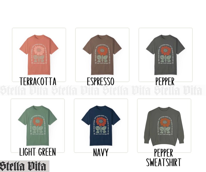 May include: A set of ten t-shirts featuring a floral design with the text "Stella Vita". The t-shirts are available in terracotta, espresso, pepper, light green, and navy. There is also a sweatshirt version in pepper.