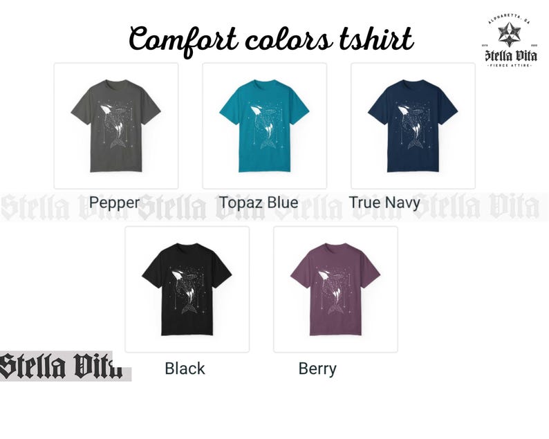 May include: Five t-shirts in different colors, each featuring a white graphic of an orca whale with geometric designs. The colors are pepper, topaz blue, true navy, black, and berry.