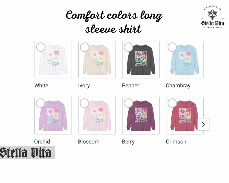 May include: A long-sleeved shirt with a floral print in ten different colours. The colours are white, ivory, pepper, Chambray, orchid, blossom, berry, crimson, and two shades of pink. The shirt is available in sizes S-XL.