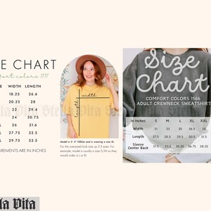 May include: Size chart for adult crewneck sweatshirts in comfort colors. The chart shows measurements in inches for width, length, sleeve, and center back. Sizes range from S to 3XL.