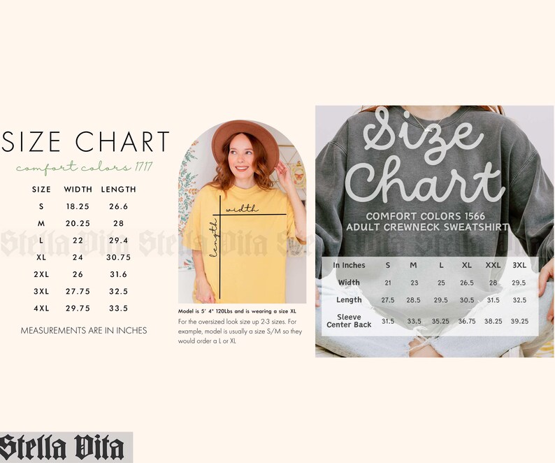 May include: Size chart for adult crewneck sweatshirts in comfort colors. The chart shows measurements in inches for width, length, sleeve, and center back. Sizes range from S to 3XL.