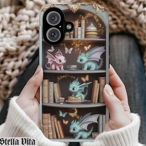 Dragon Phone Case, Bookish iphone 16 pro case, Cute Dragon Bookshelf Tea, iPhone Pro Max Plus, Magsafe Tough Cases 51