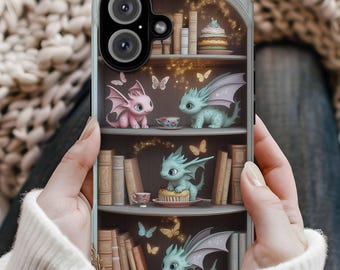 Drachen Handyhülle, Bookish iphone 16 pro case, Cute Dragon Bookshelf Tea, iPhone Pro Max Plus, Magsafe Tough Cases 51