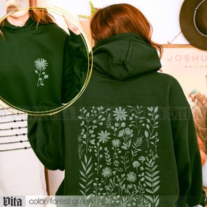 Wildflowers Hoodie Forest Green Floral Boho Block Print Style Hoodie Dark Green Pressed Flower Shirt Fairycore Nature Cottagecore Sweatshirt