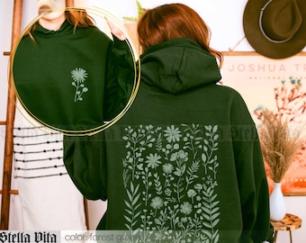Wildblumen Hoodie Waldgrün Floral Boho Block Print Style Hoodie Dunkelgrün Gepresste Blume Shirt Fairycore Natur Cottagecore Sweatshirt