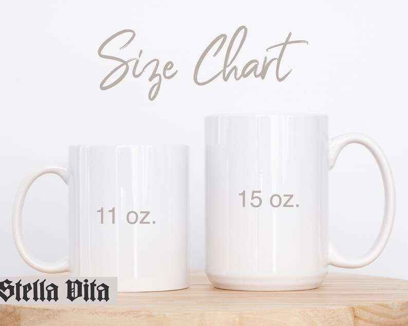May include: Two white ceramic mugs, one 11 oz and one 15 oz, on a wooden surface. The mugs are blank and ready for personalization.